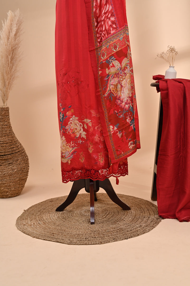Vibrant Red Muslin Unstitched Suit Sterling House
