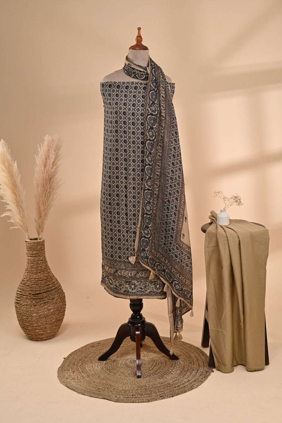 Beige with Charcoal Muslin Unstitched Suit