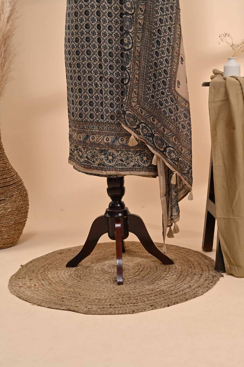 Beige with Charcoal Muslin Unstitched Suit Sterling House