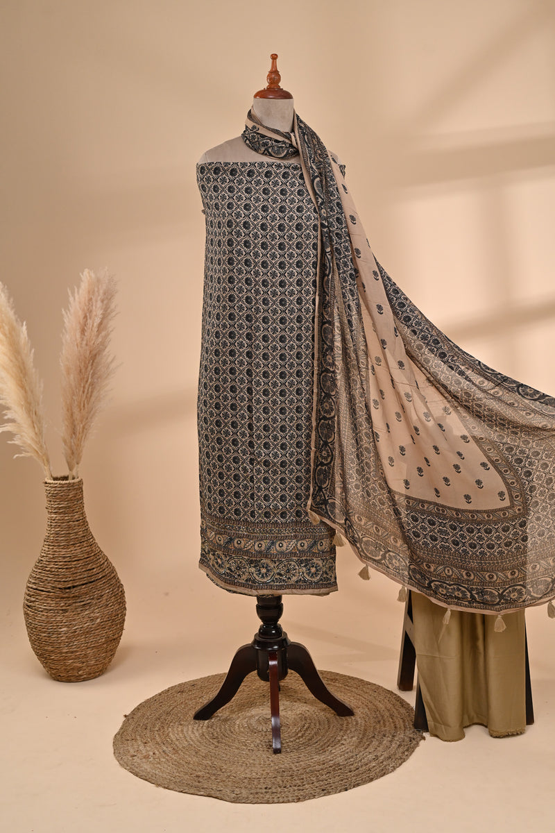 Beige with Charcoal Muslin Unstitched Suit Sterling House