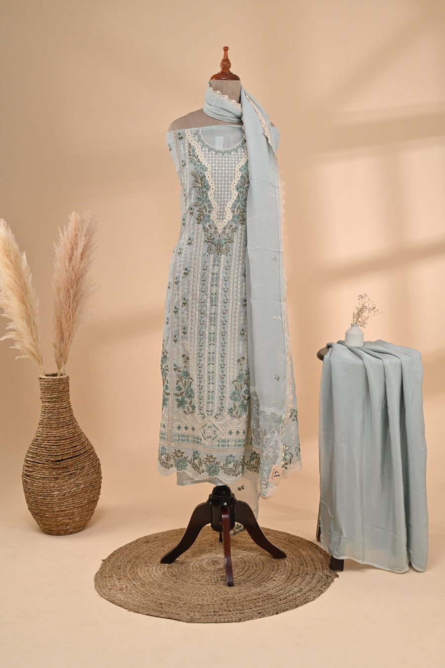 Pastel Blue Organza Unstitched Suit