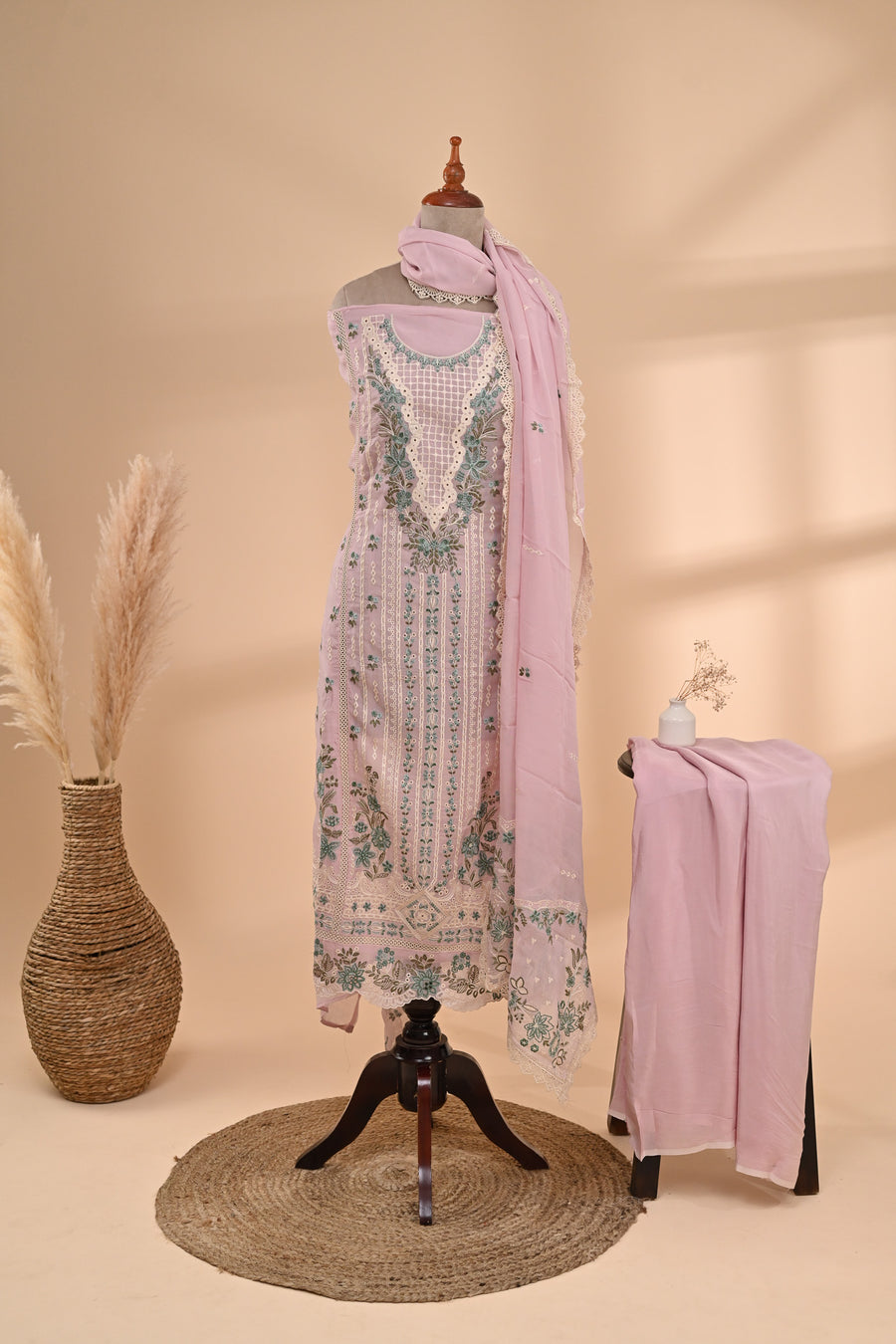 Pastel Pink Organza Unstitched Suit