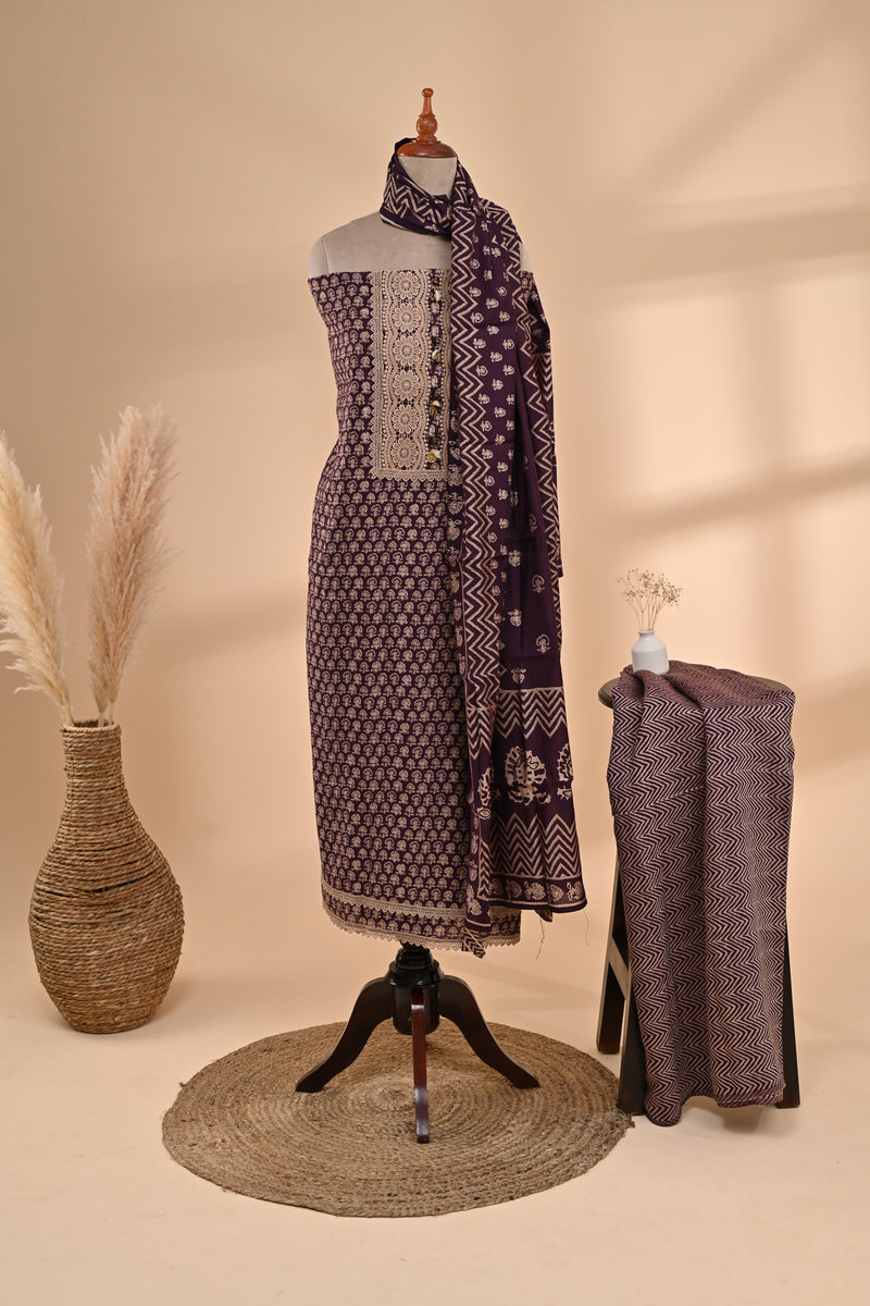 Deep Plum Cotton Unstitched Suit Sterling House