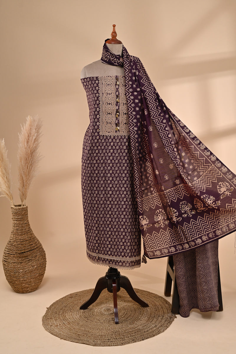Deep Plum Cotton Unstitched Suit Sterling House