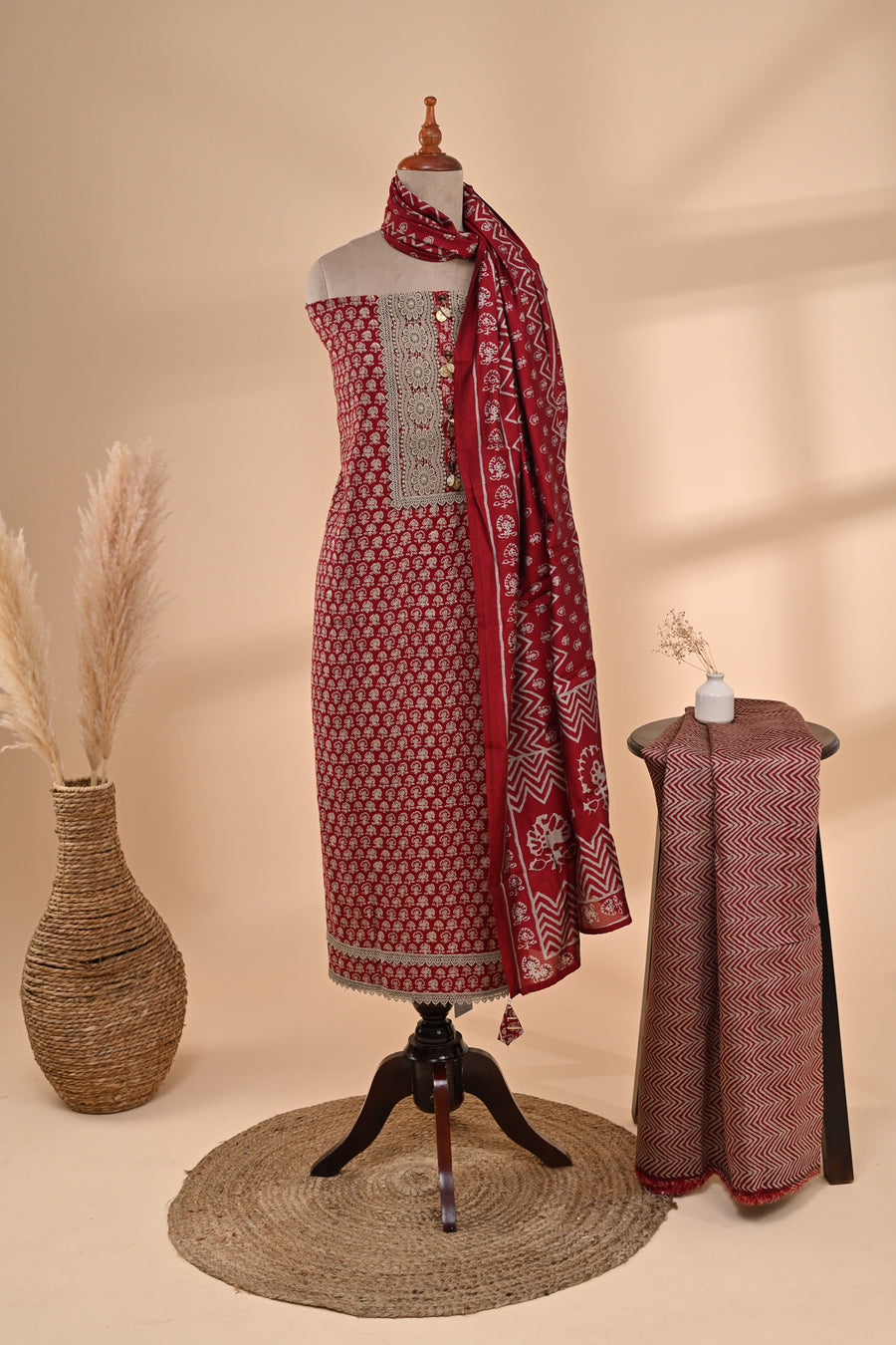 Maroon Cotton Unstitched Suit