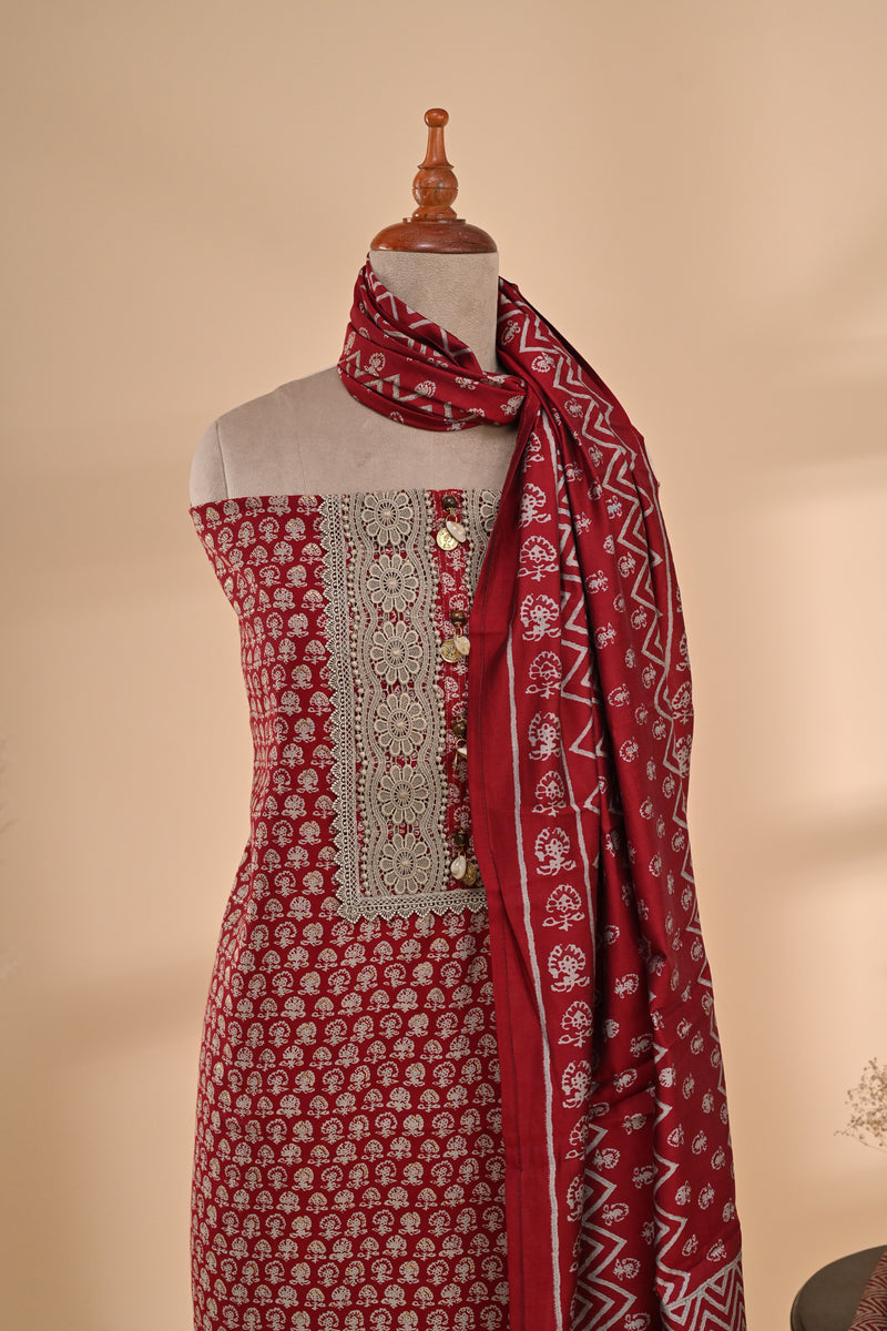 Maroon Cotton Unstitched Suit Sterling House