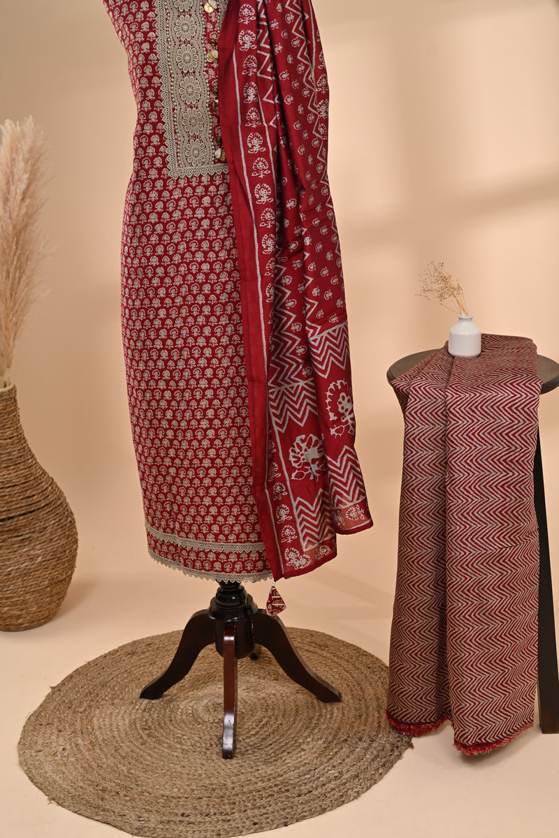 Maroon Cotton Unstitched Suit Sterling House