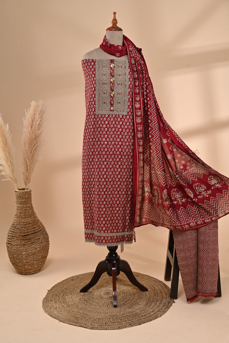 Maroon Cotton Unstitched Suit Sterling House
