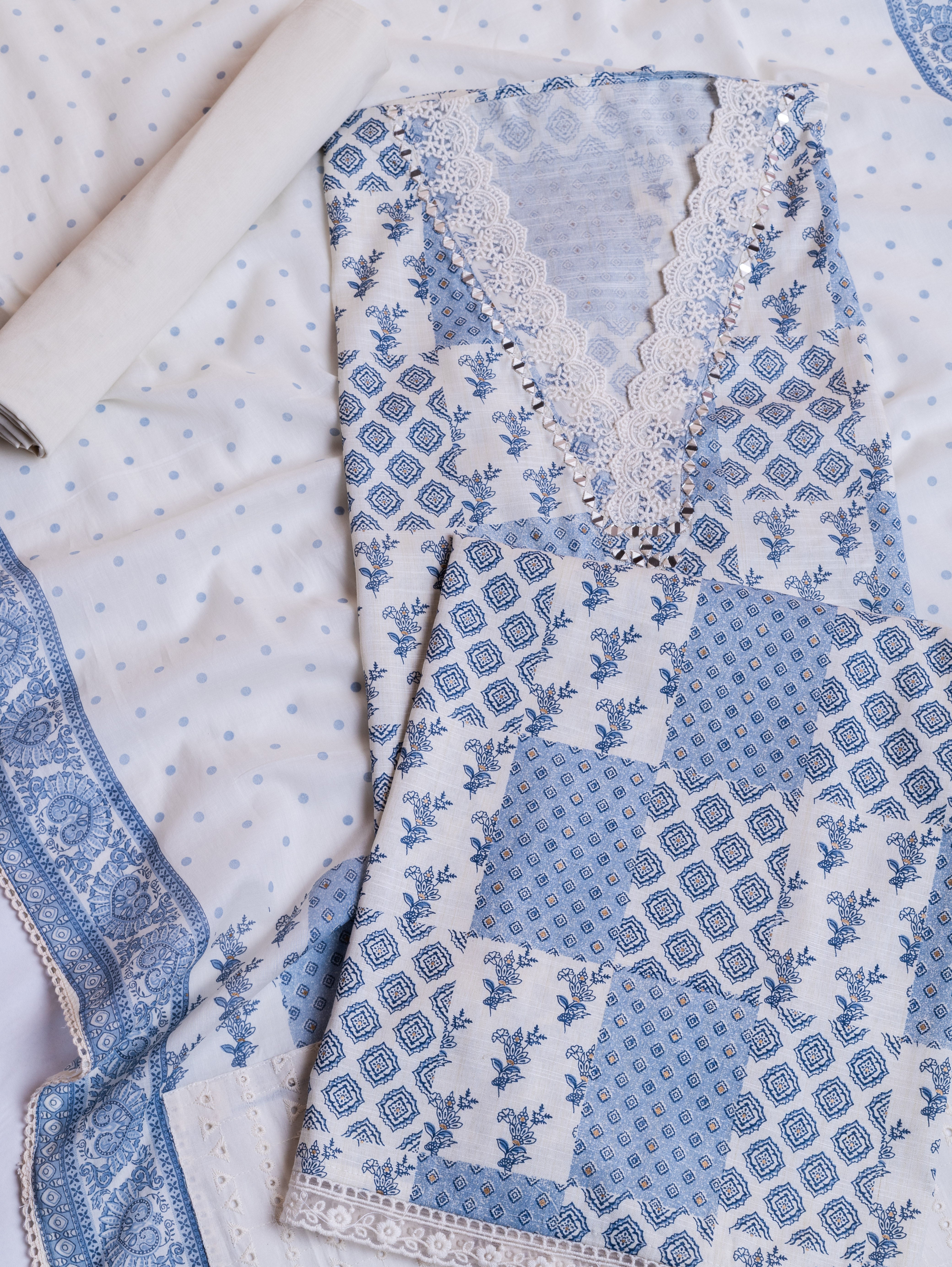 Afreen White with Blue Soft Cotton Suit Set