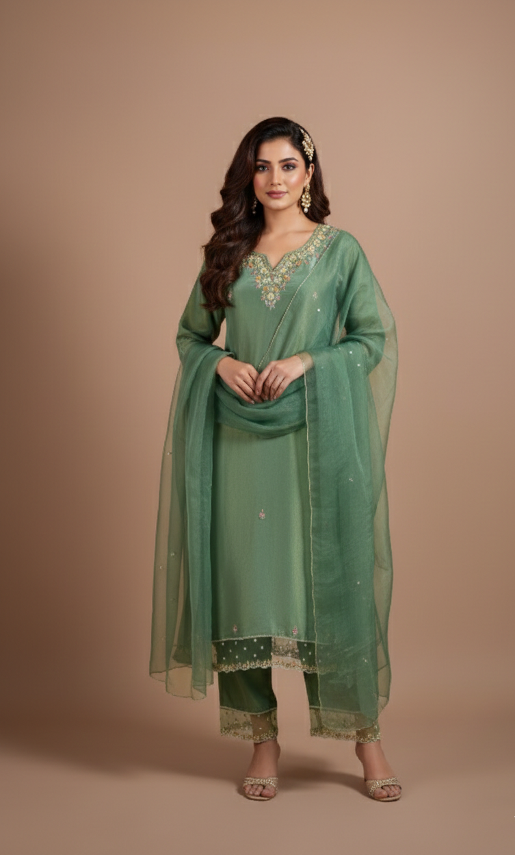 Luxe Sage Green Shimmer Silk Blend Readymade Set