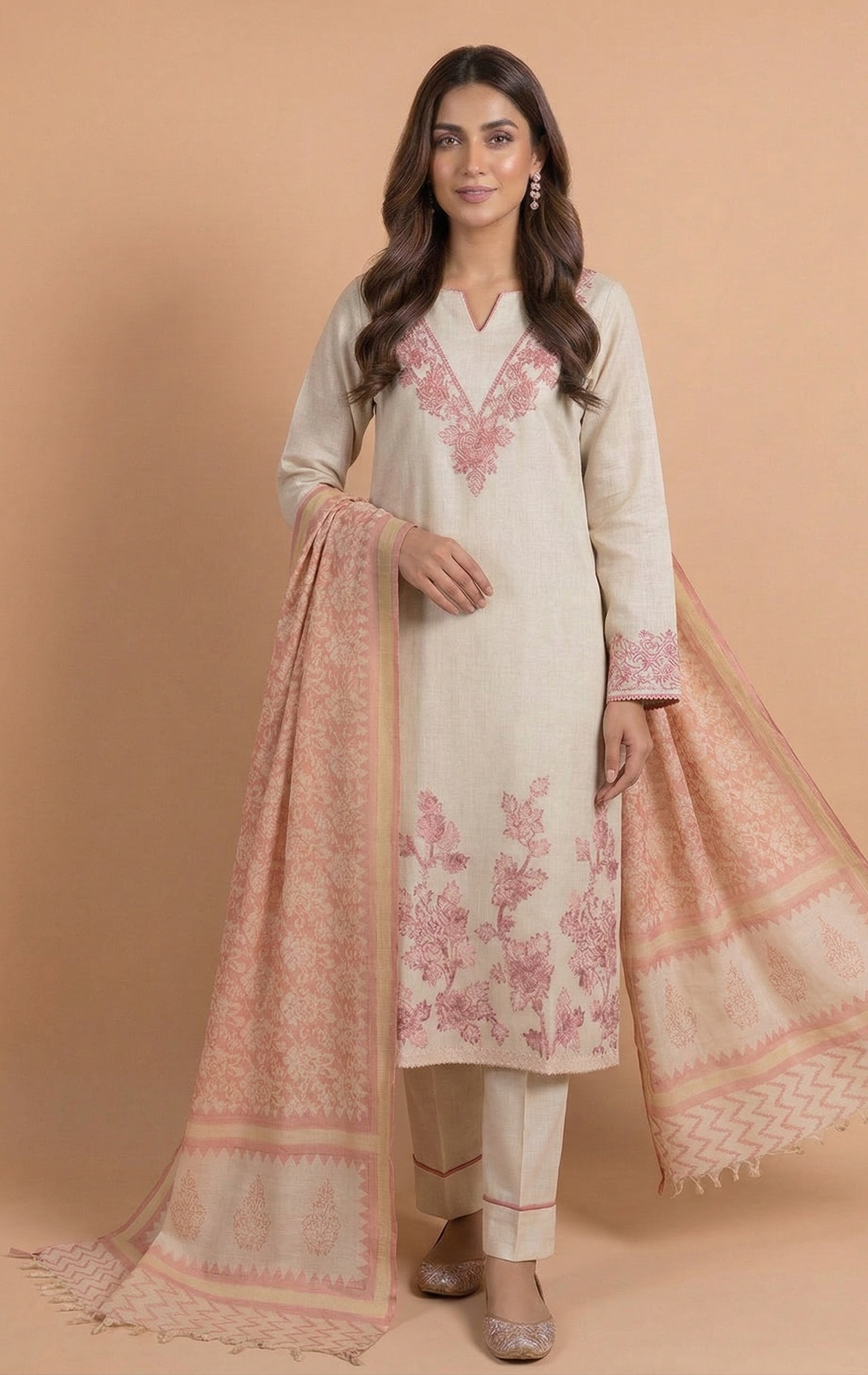 Afreen Khadi Cotton White With Peach Unstitched Suit Set