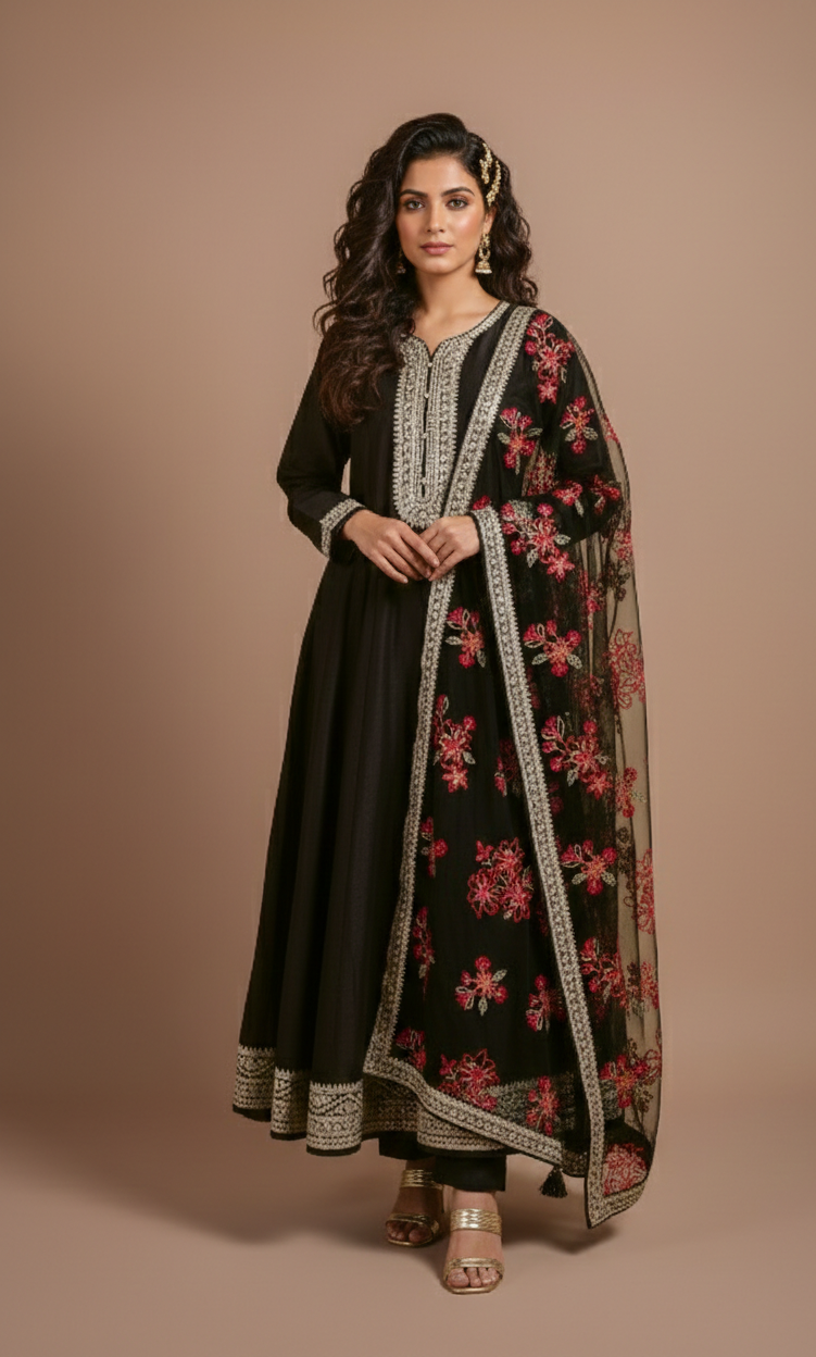 Afreen Black Silk Blend Anarkali Readymade