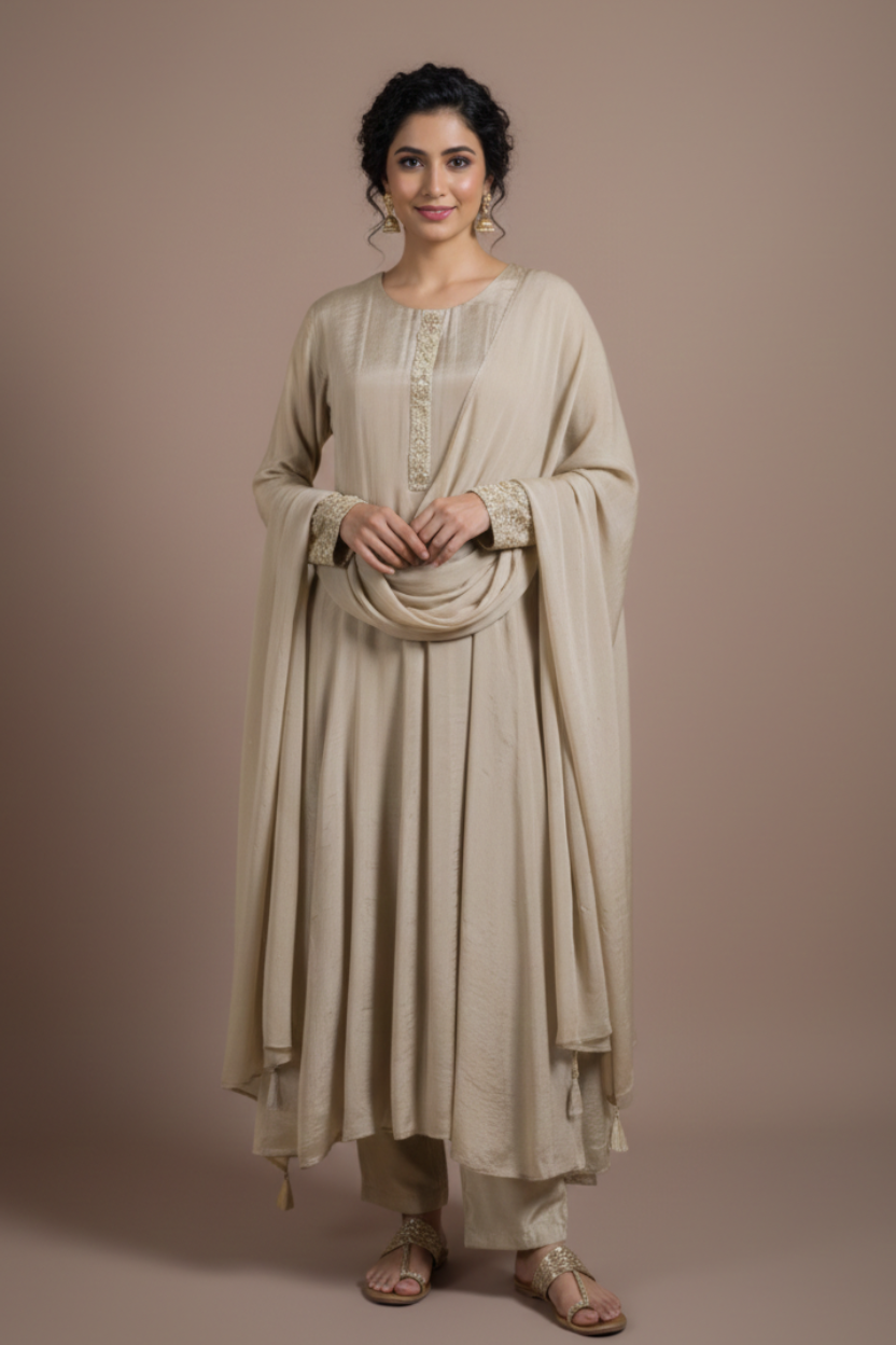 Afreen Almond Pink Chinnon Readymade Anarkali Set