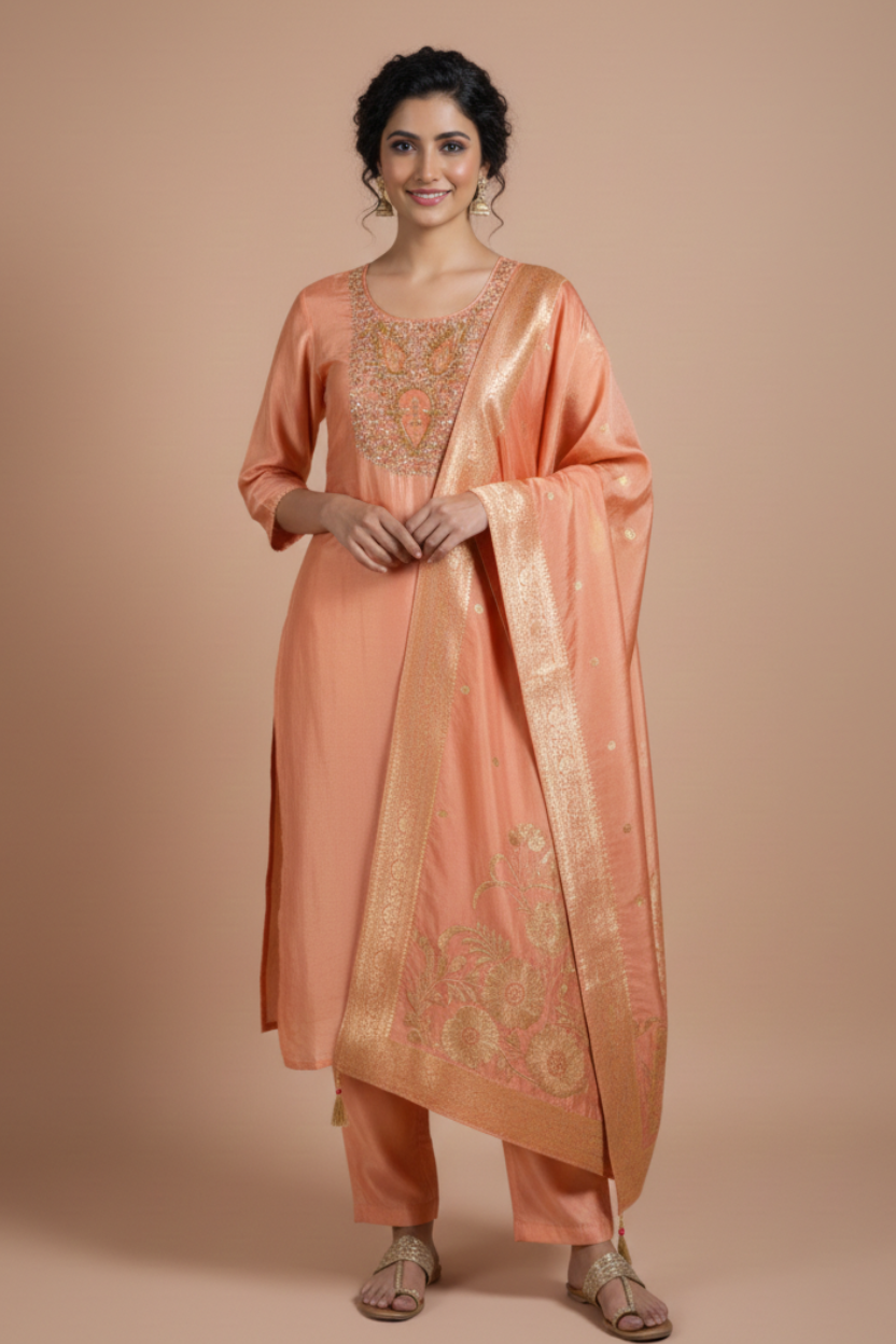 Soft Shimmer Silk Peach Readymade Suit Set