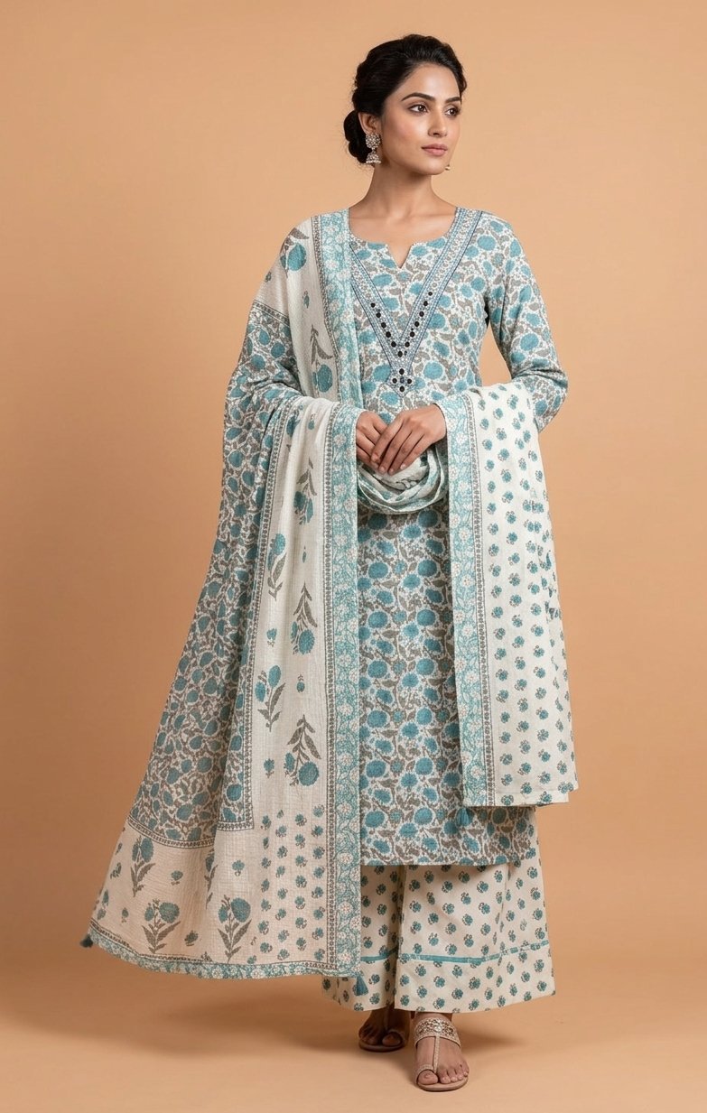 Afreen White With Blue Cotton Unstitched Suit Set