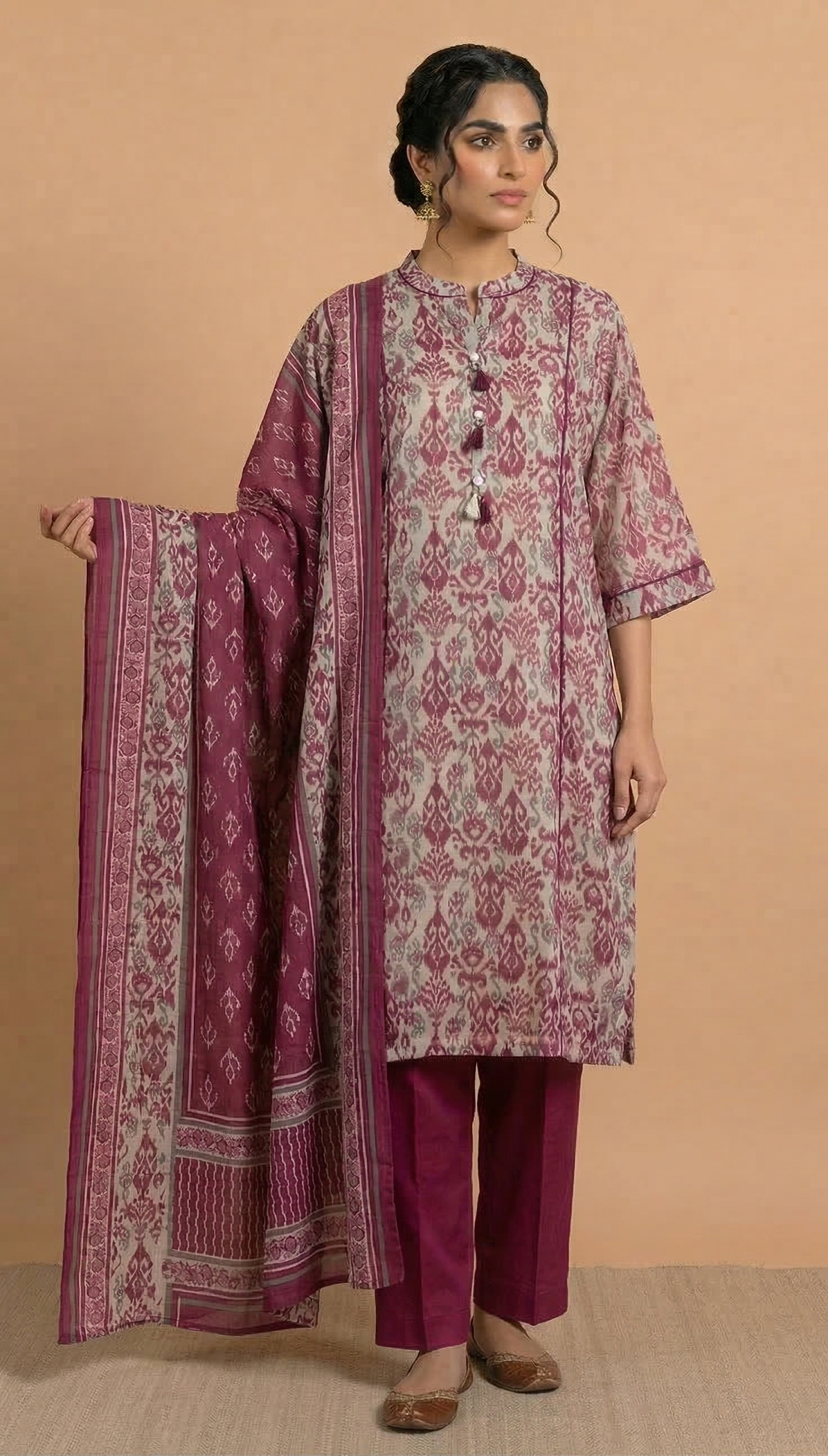 Afreen Wine Cotton Readymade Set