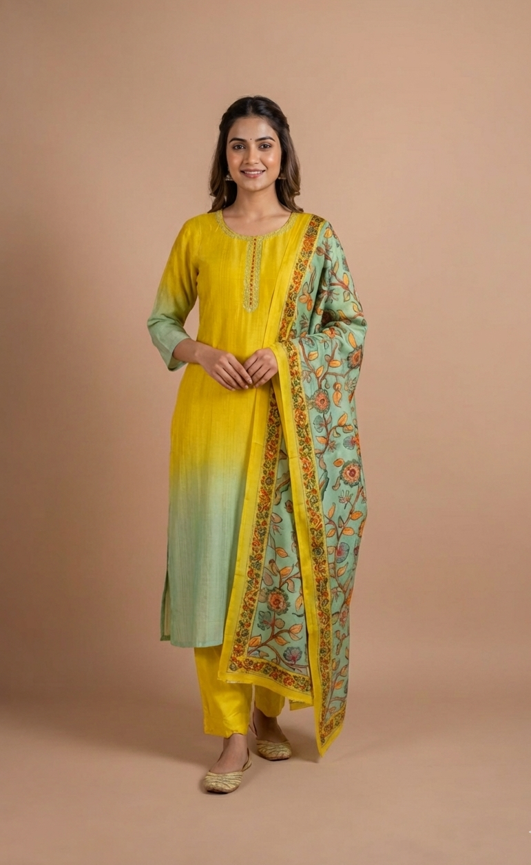 Anokhi Yellow Ombre Silk Blend Suit Set