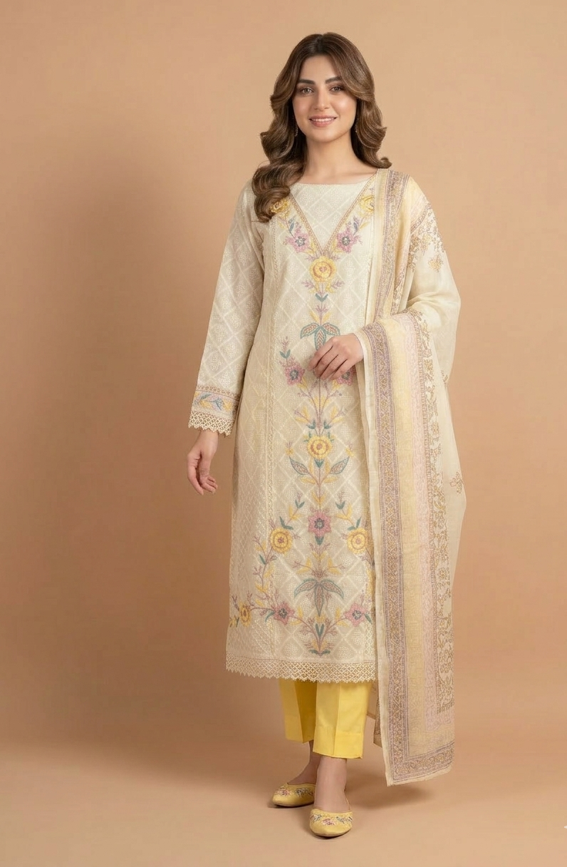 Luxe   Jacuard Silk   White With Yellow Unstitched Suit Set