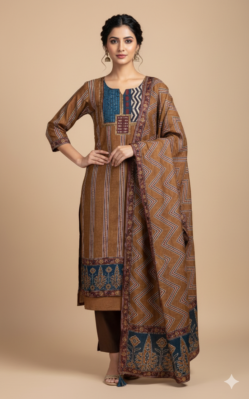 Roze Mustard Mirror Work Muslin Suit Set