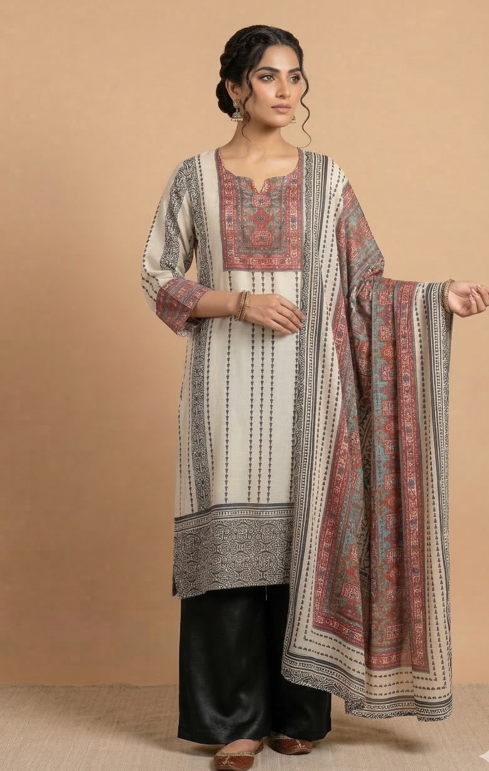 Afreen White With Black   Cotton Readymade Set