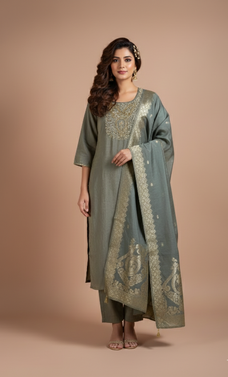 Afreen Soft Shimmer Silk Grey Readymade Suit Set