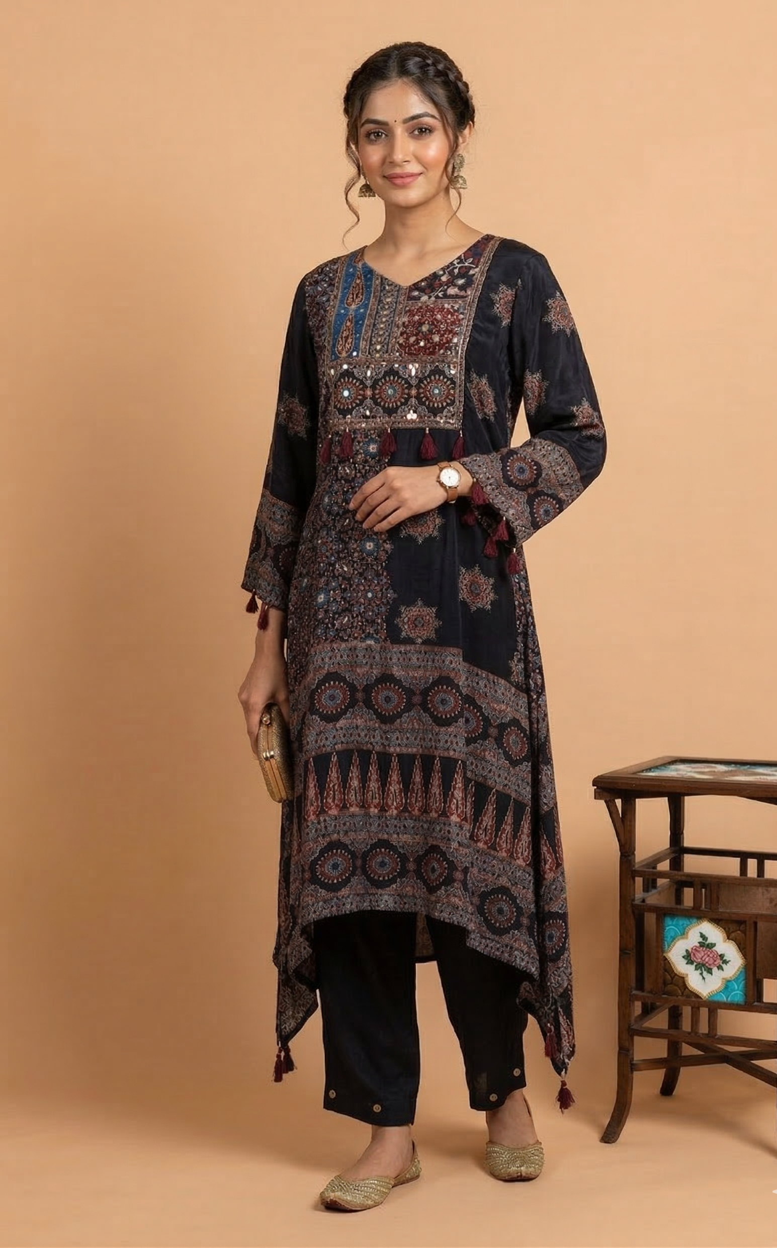 Luxe Black Muslin Ajrak Print Readymade Set