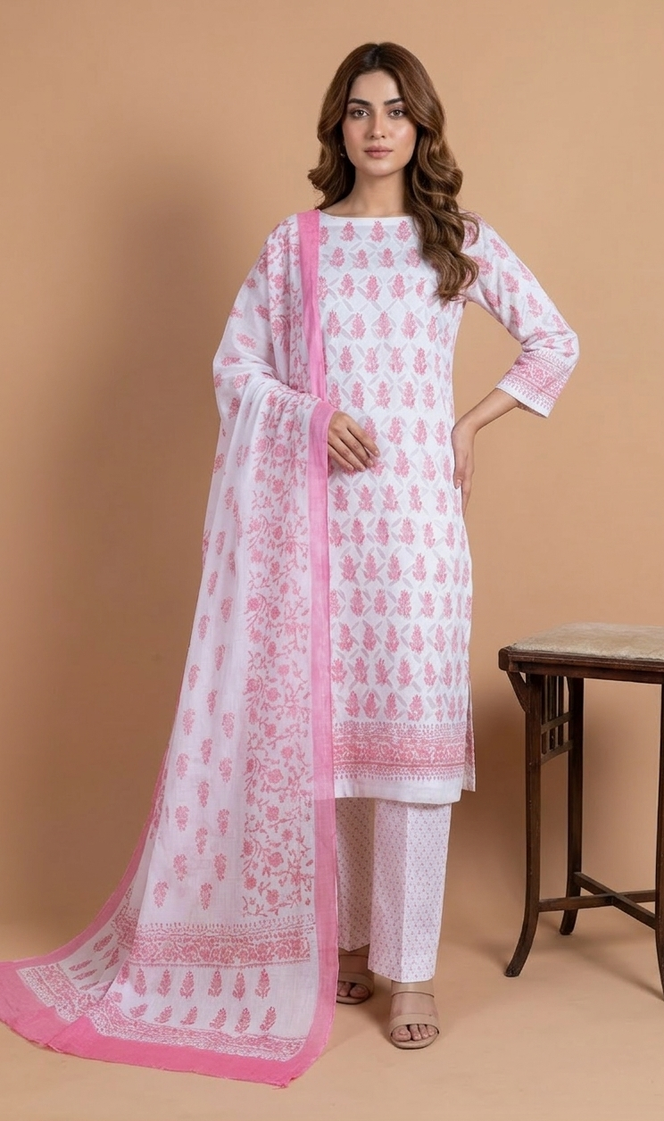 Roze   Cotton   Pink  Unstitched Suit Set