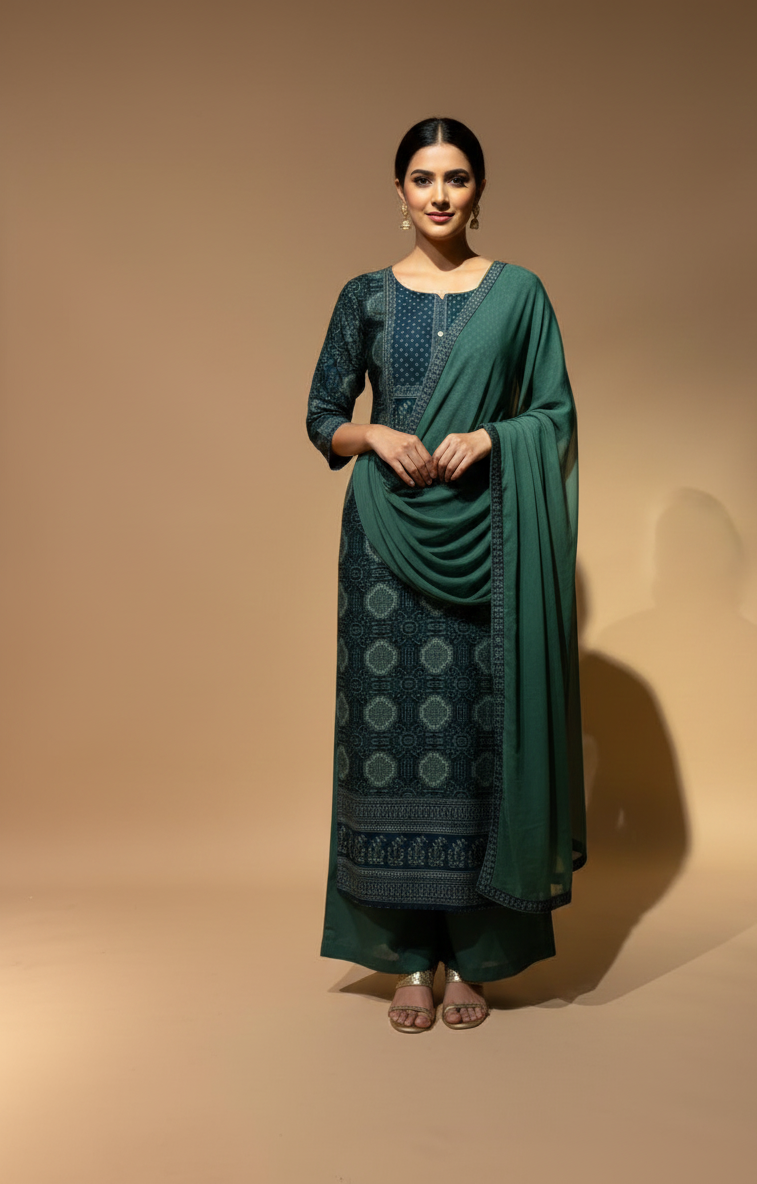 Roze Printed Muslin Blue with Green Suit Set