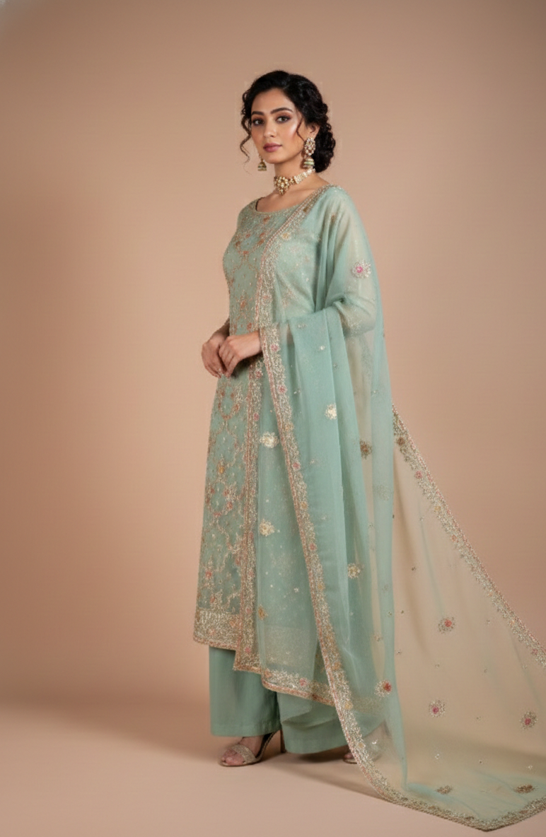 Luxe Blue Crush Shimmer Organza Unstitched Suit Set Sterling House