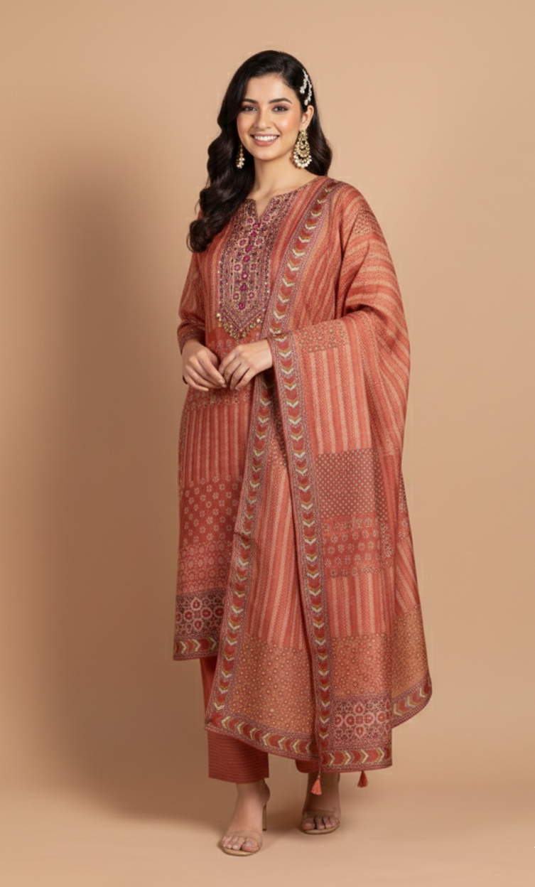 Afreen Rust Muslin Readymade set