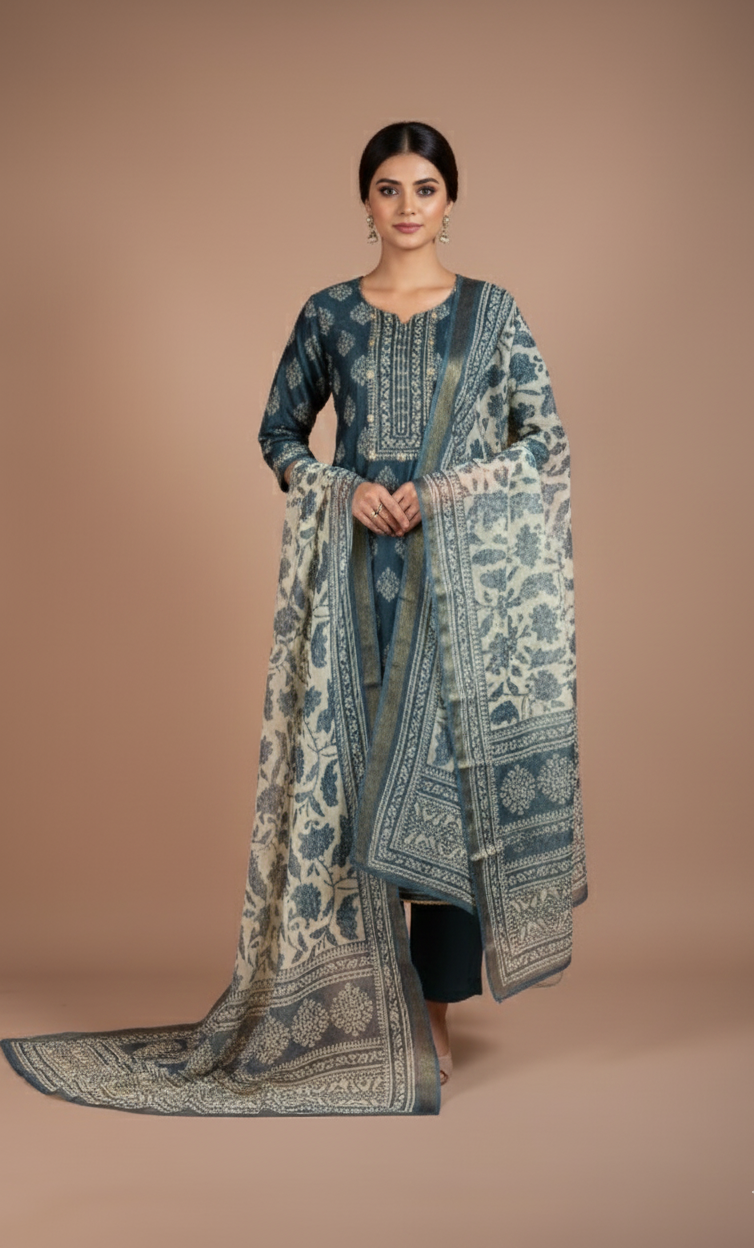 Roze Navy Blue Chanderi Silk Blend Unstitched Suit Set Sterling House