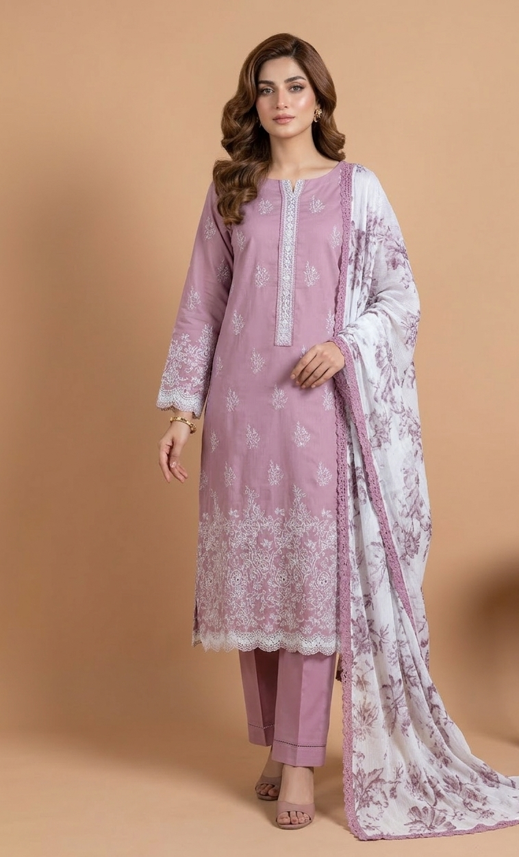 Afreen Soft cotton Almond Pink Unstitched Suit Set