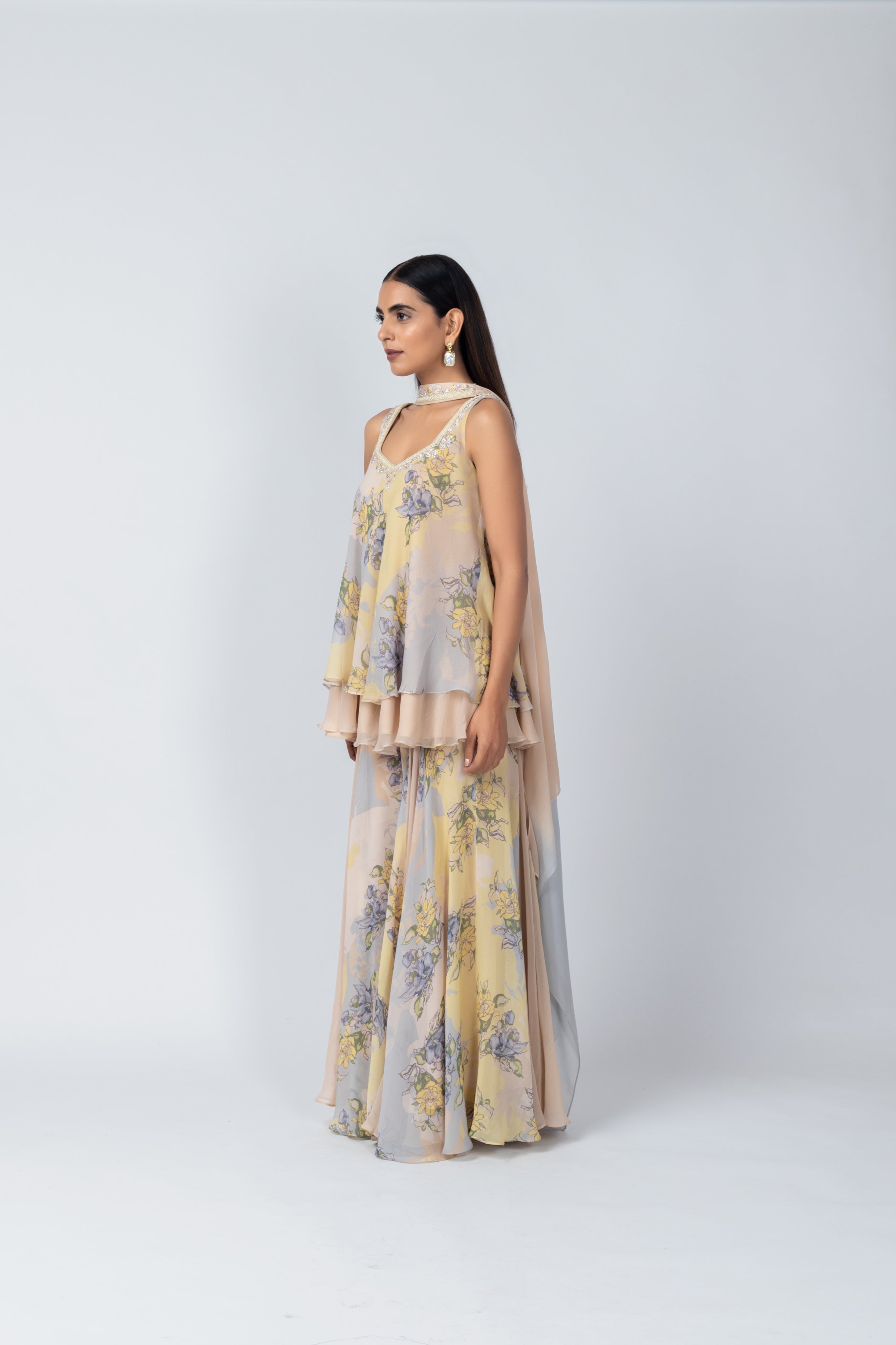 Sky Blue Sleeveless Tunic & Georgette Sharara Set