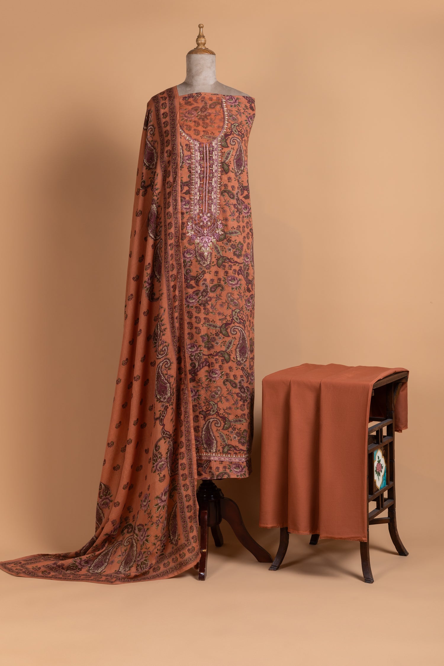 Afreen Rust Cotton Unstitched Suit set
