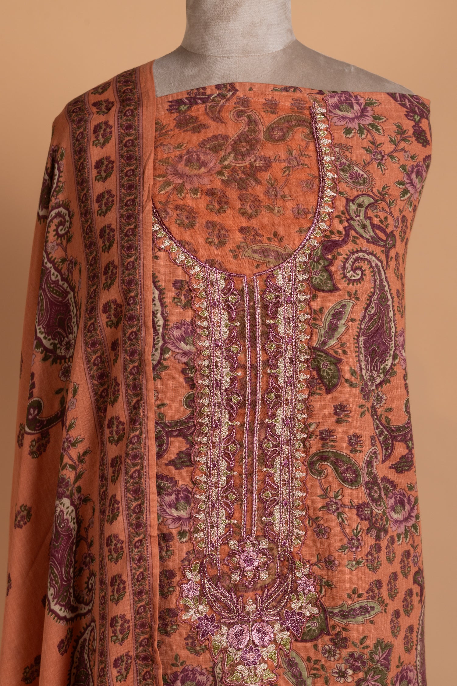 Afreen Rust Cotton Unstitched Suit set