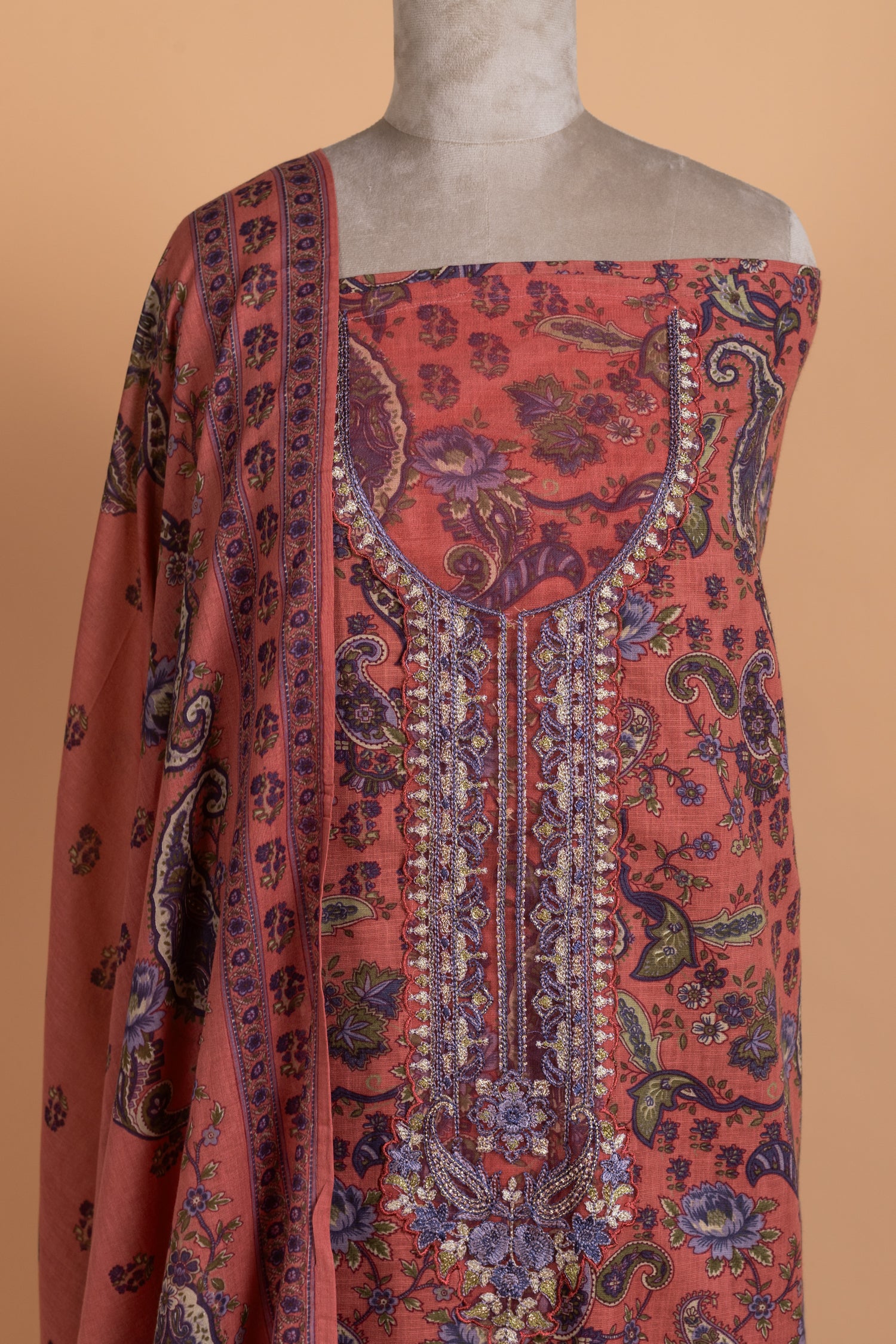 Afreen Rust-Red Cotton Unstitched Suit set
