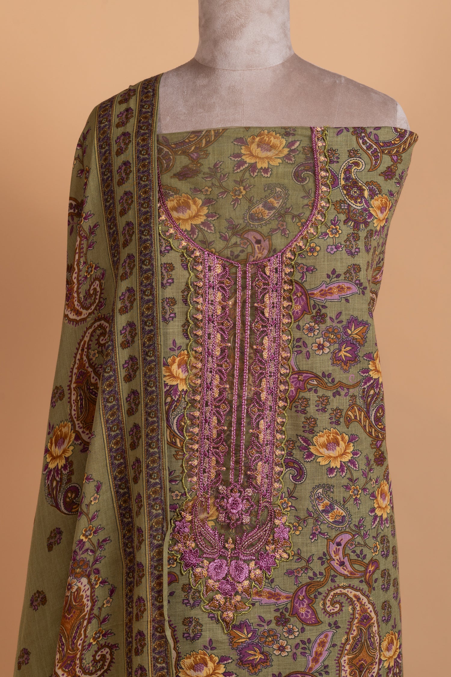 Afreen Olive Green Cotton Unstitched Suit set