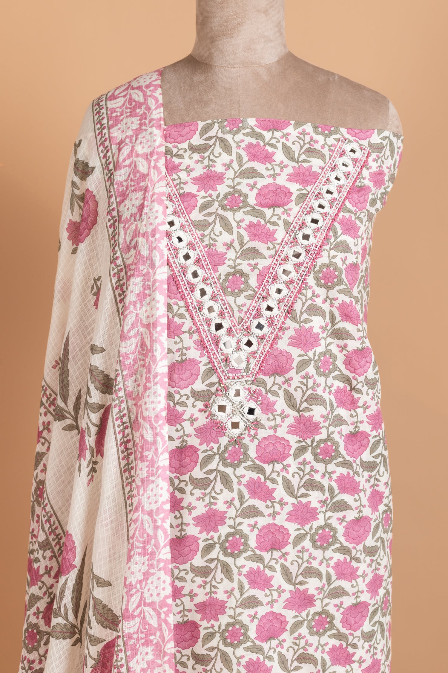 Afreen White With Pink Cotton Unstitched Suit Set