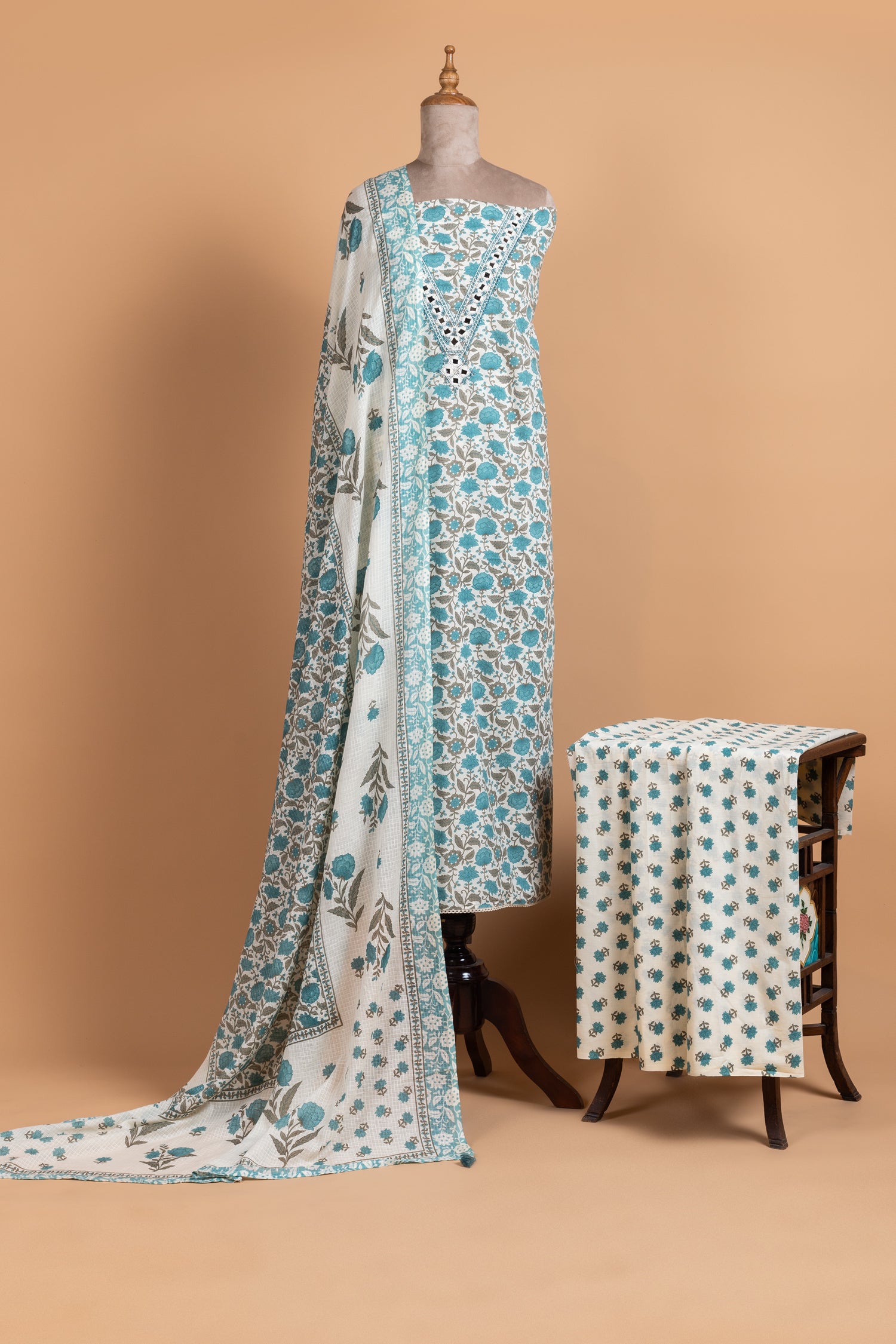 Afreen White With Blue Cotton Unstitched Suit Set