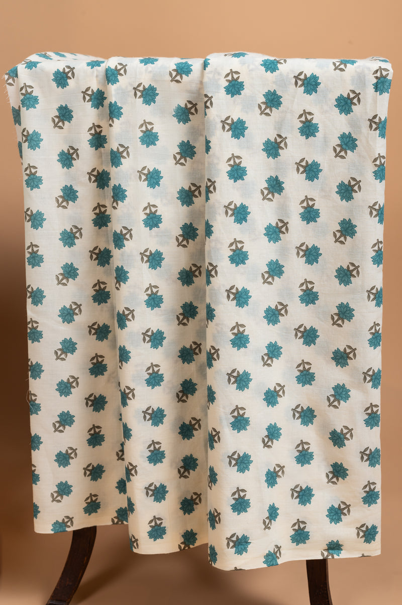Afreen White With Blue Cotton Unstitched Suit Set