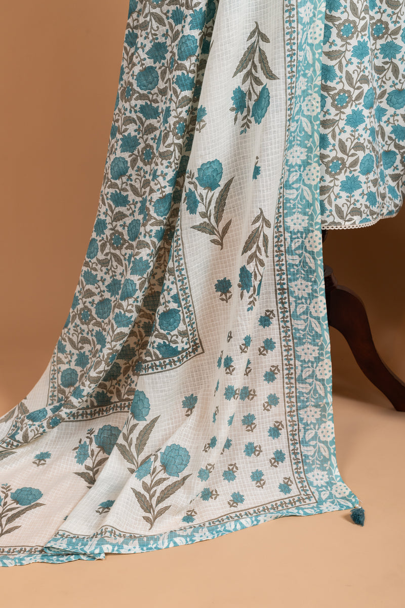 Afreen White With Blue Cotton Unstitched Suit Set