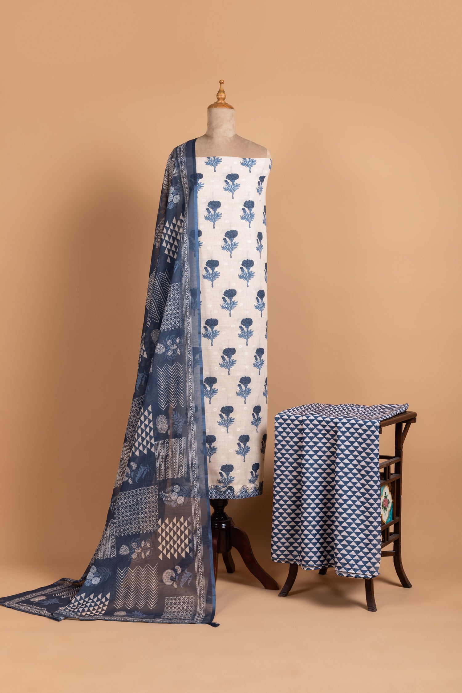 Afreen White With Indigo Unstitched Suit Set