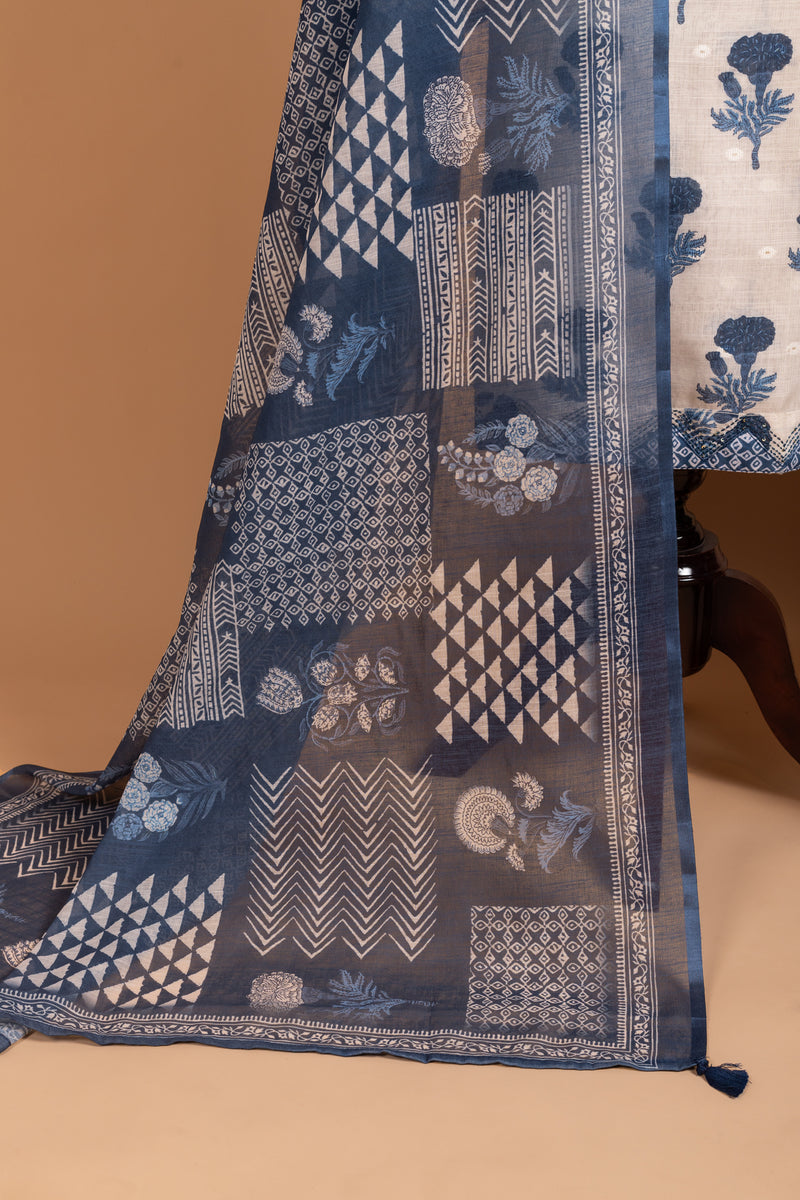Afreen White With Indigo Unstitched Suit Set
