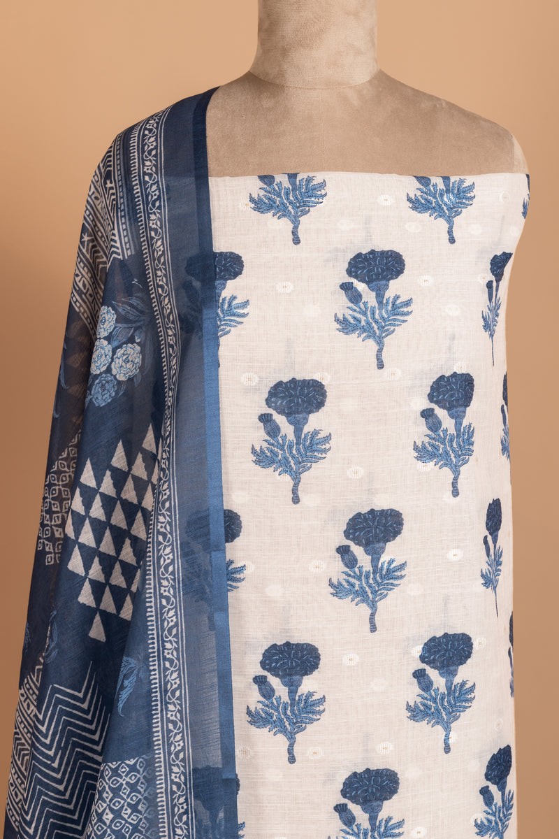 Afreen White With Indigo Unstitched Suit Set