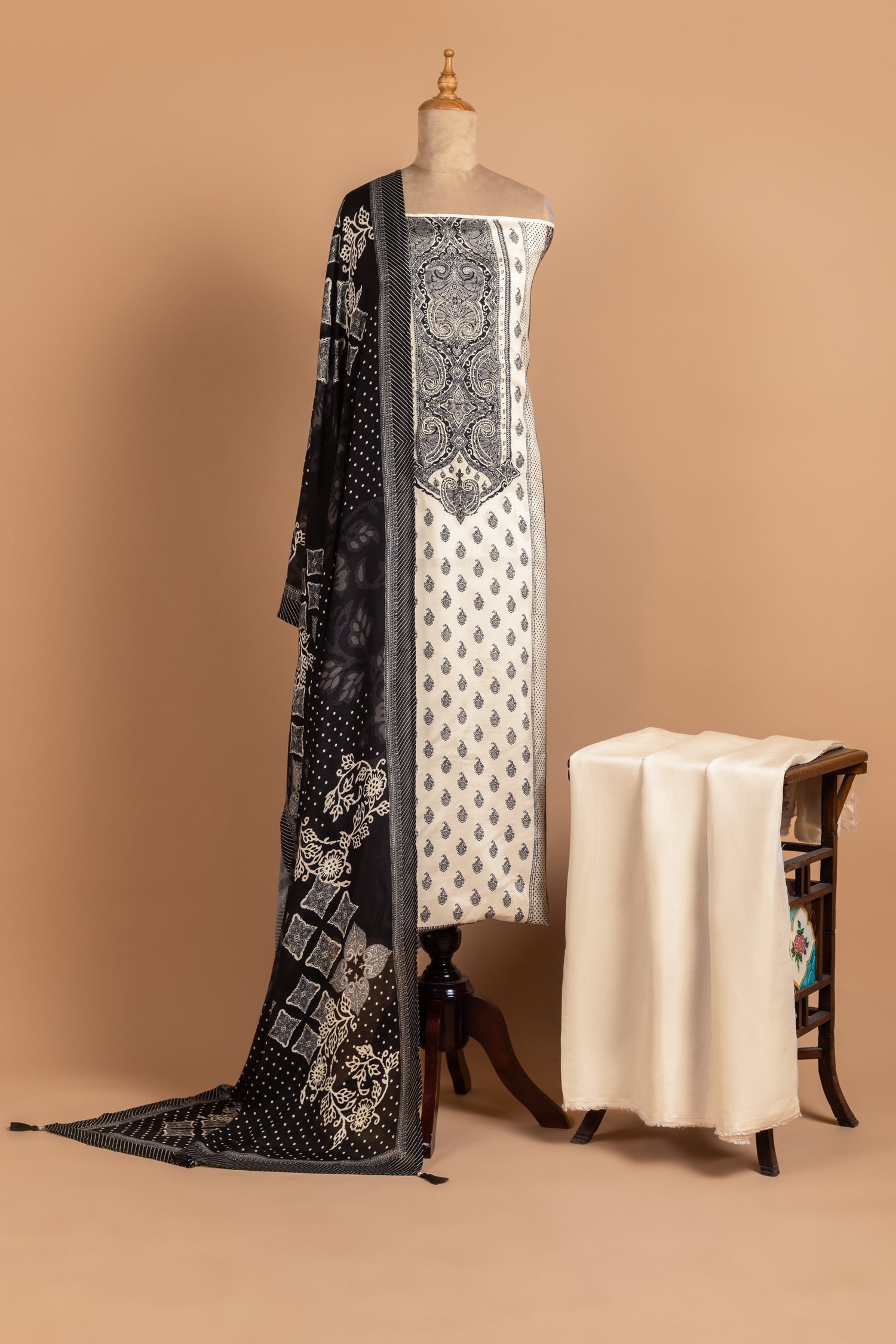 Luxe White with Black  Muslin Unstitched suit