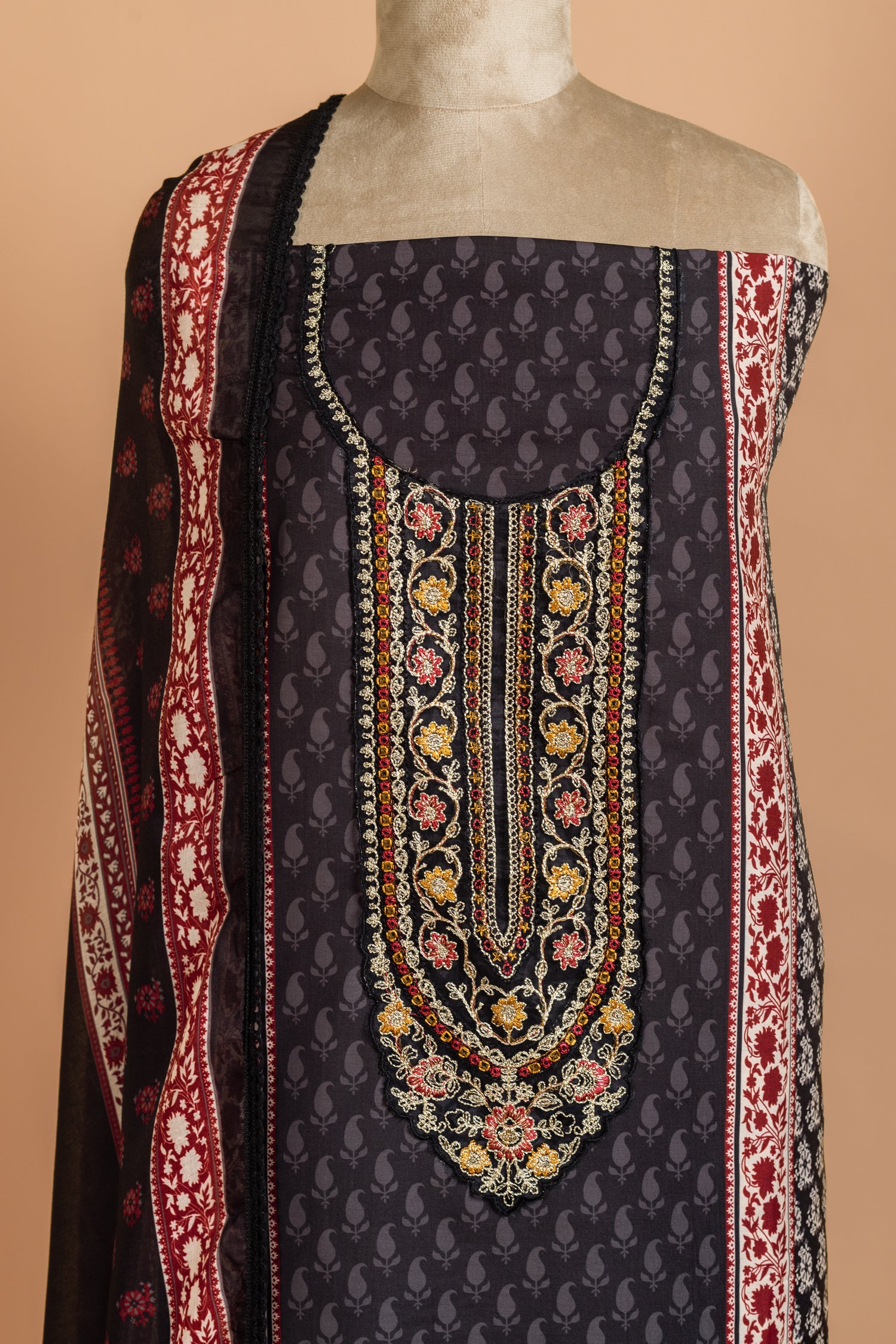 Afreen Charcoal    Cotton Unstitched Suit set
