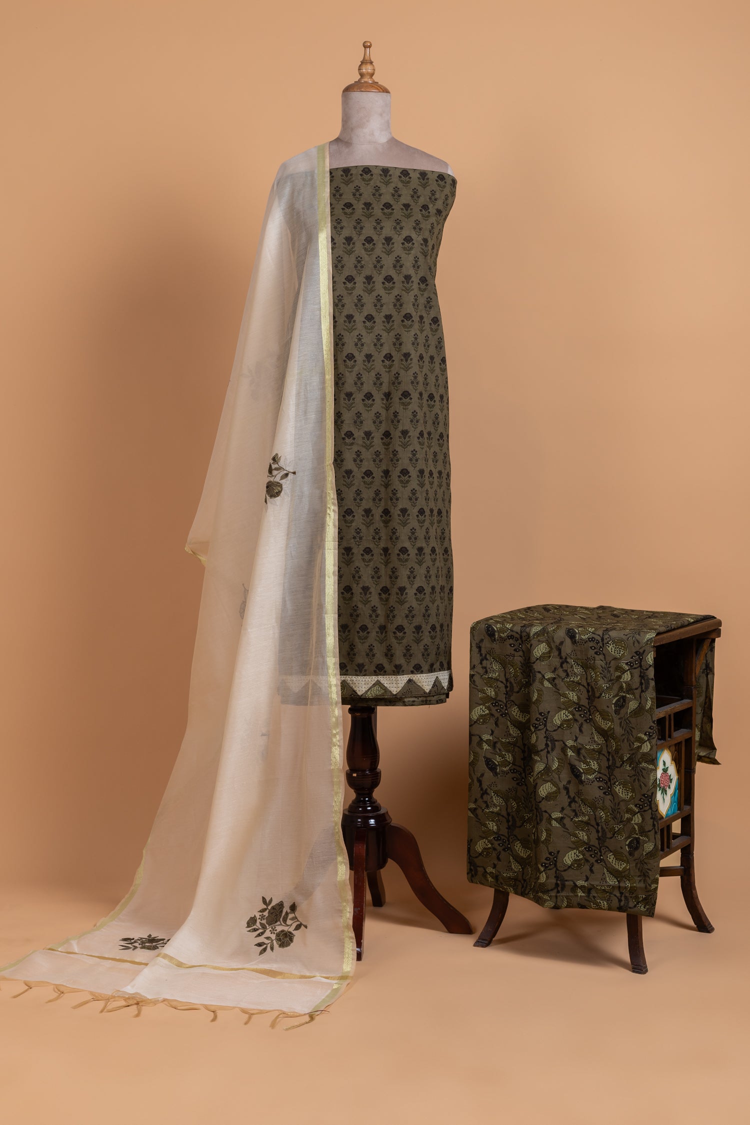 Roze Olive Green Cotton Unstitched suit set