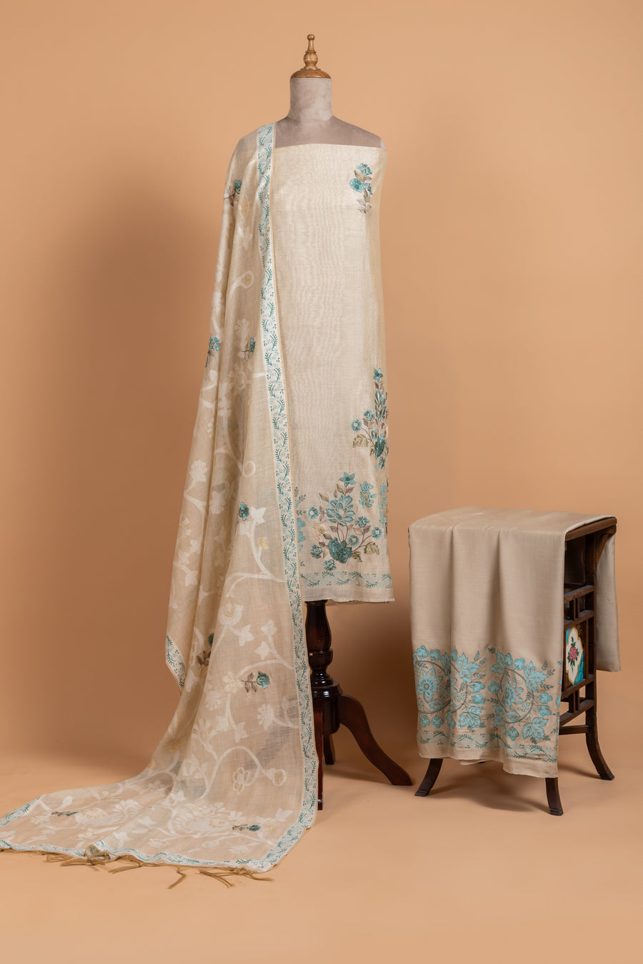 Linen Beige with Blue Cotton Unstitched suit