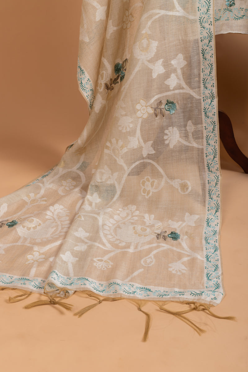 Linen Beige with Blue Cotton Unstitched suit