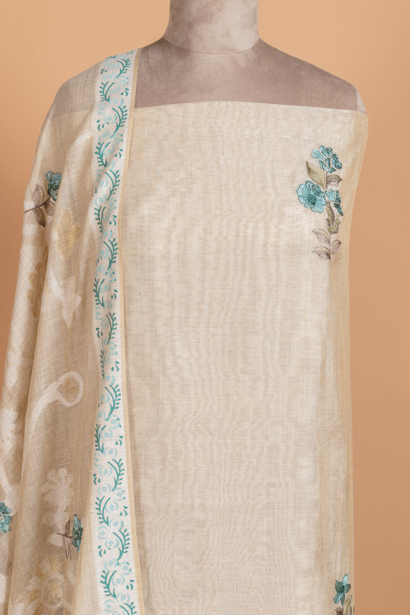 Linen Beige with Blue Cotton Unstitched suit